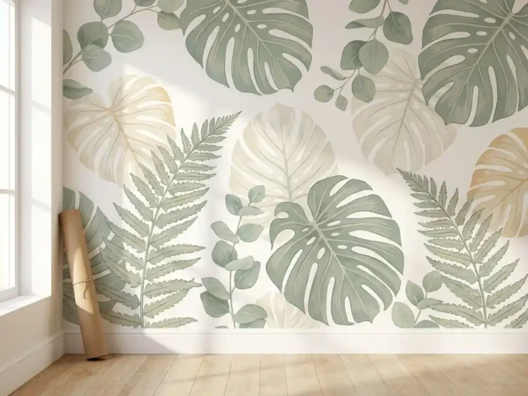 Botanisches Wandbild mit üppigen grünen Blättern auf weißer Wand, gerolltes Öko-Druckmedium am Boden, minimalistisches Interieur.
