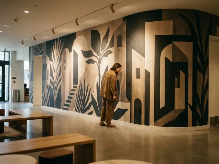 Innenarchitektin in Leinenkleidung betrachtet großformatige botanische Fototapete in Schiefer- und Sandtönen in einem Hotellobby.
