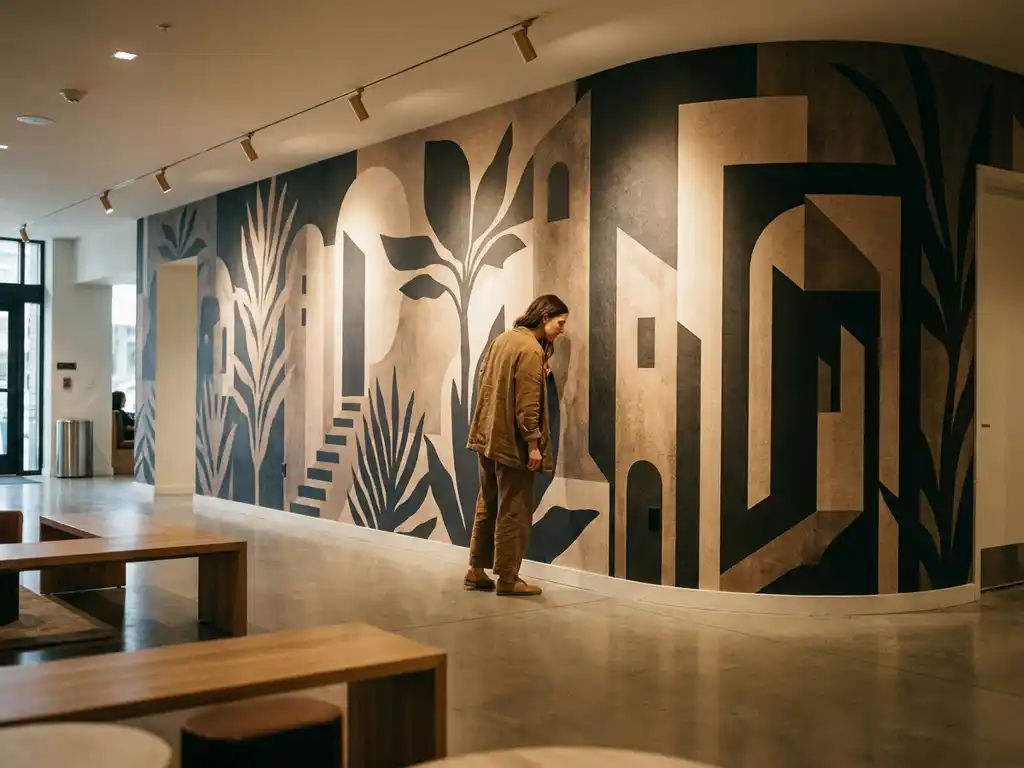 Innenarchitektin in Leinenkleidung betrachtet großformatige botanische Fototapete in Schiefer- und Sandtönen in einem Hotellobby.