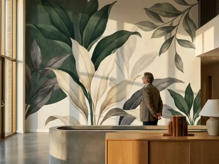 Innenarchitektin betrachtet großformatiges botanisches Wandbild in Hotellobbby, Beton- und Eichenakzente, goldenes Nachmittagslicht.