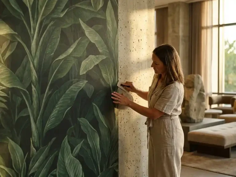 Innendesignerin glättet nahtlose botanische Mustertapete an betonstrukturierter Hotellobby-Wand in Wald- und Steintönen.