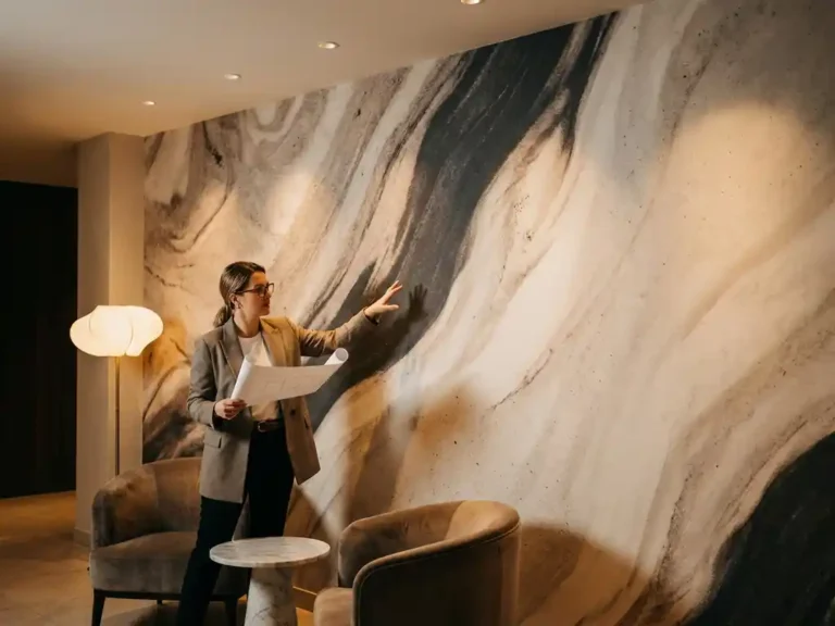 Innenarchitektin vor großformatiger Vlies-Tapete mit Betonoptik-Motiv in elegantem Hotelfoyer, warme Beleuchtung.