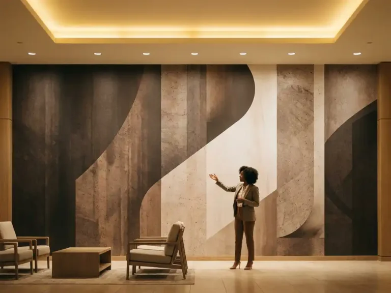 Innenarchitektin vor großformatigem Vliestapeten-Wandbild mit Betonoptik in Hotellobby, warme Stein- und Anthrazittöne, gedimmtes Umgebungslicht.