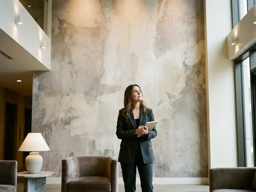 Innenarchitektin betrachtet raumhohe digitale Tapete mit Betonoptik-Mural in Greigetönen in einer Hotellobby.