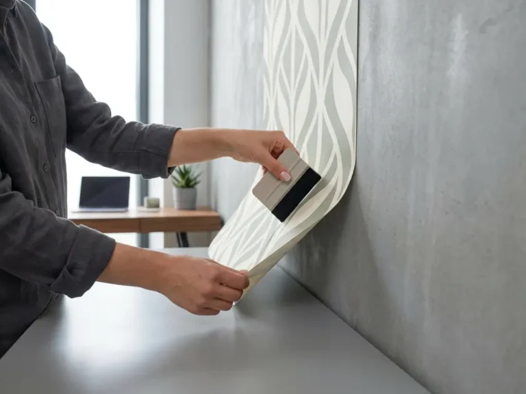 Innenarchitektin löst selbstklebende Tapete von Betonwand in modernem Büro mit minimalistischem Design.
