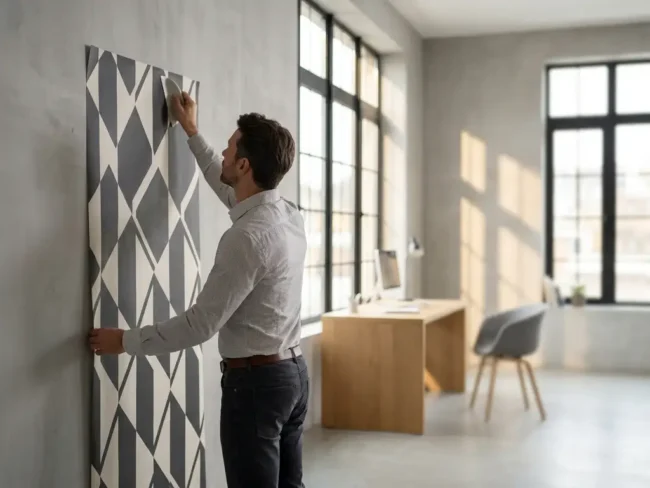 Innendesignerin klebt großformatige Tapete mit geometrischem Muster an Betonwand in modernem Minimalbüro mit warmem Tageslicht.