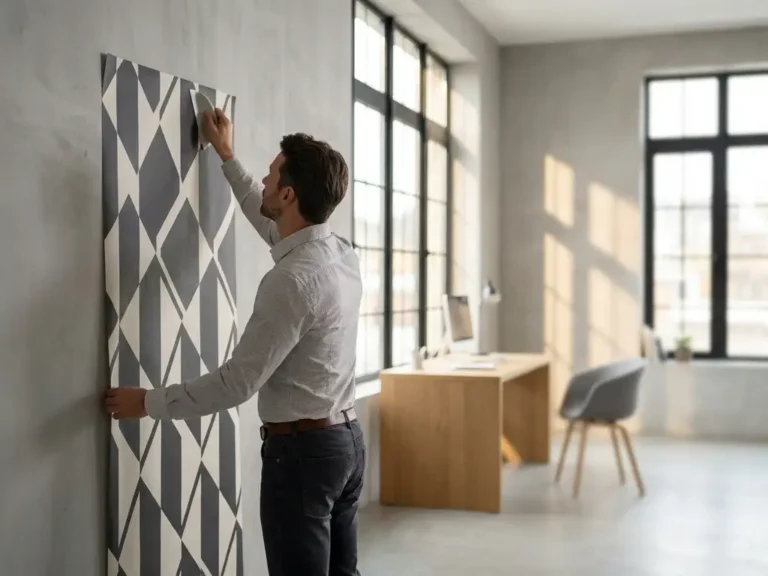 Innendesignerin klebt großformatige Tapete mit geometrischem Muster an Betonwand in modernem Minimalbüro mit warmem Tageslicht.
