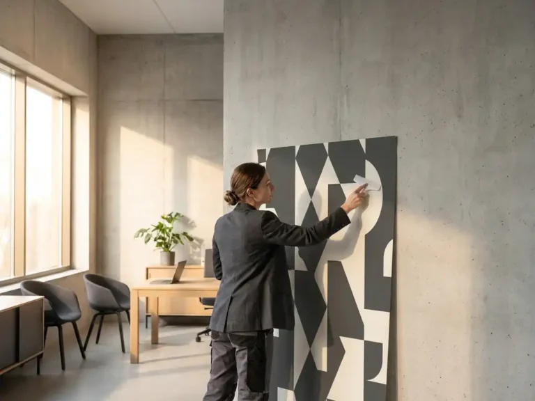 Innenarchitektin klebt großformatige Tapete mit geometrischem Muster an Betonwand in modernem Büro, warmes Seitenlicht.