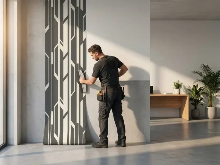 Installateur glättet großformatige Tapete mit geometrischem Muster auf Betonwand in modernem Minimalbüro bei warmem Seitenlicht.