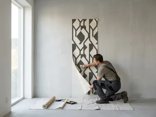 Installer smooths large-format wallpaper with a geometric pattern onto a concrete wall in a modern interior in warm sidelight.