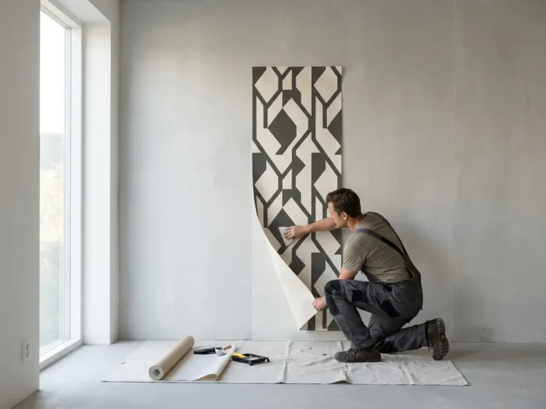 Installateur glättet großformatige Tapete mit geometrischem Muster auf Betonwand in modernem Interieur bei warmem Seitenlicht.