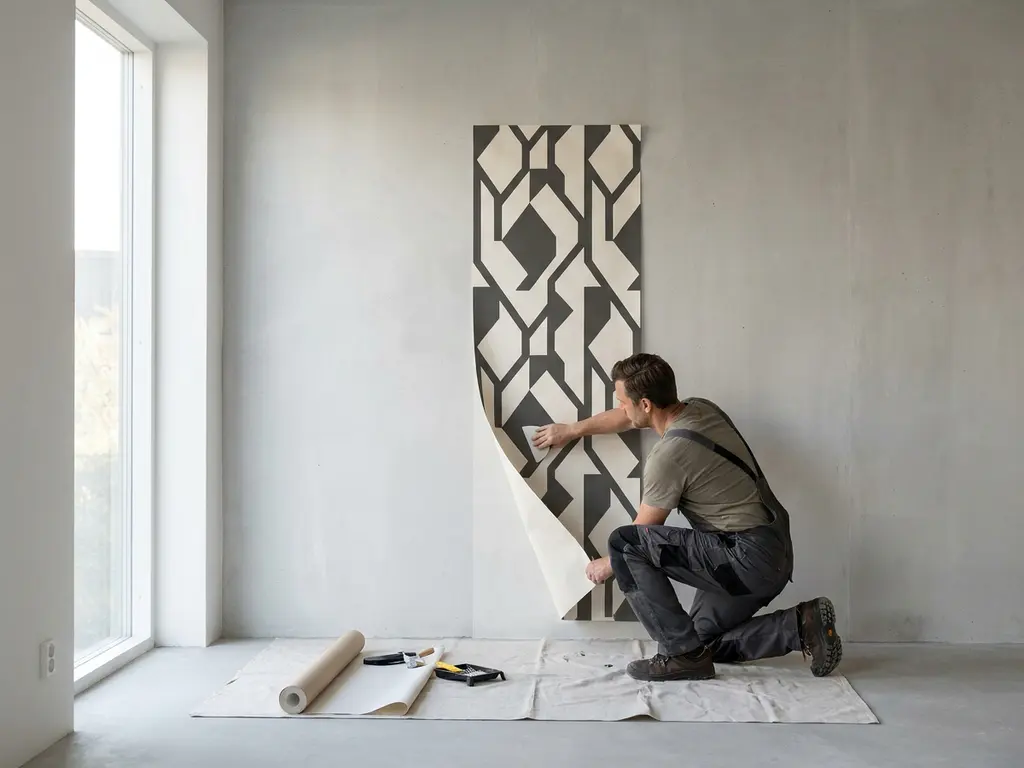 Installateur glättet großformatige Tapete mit geometrischem Muster auf Betonwand in modernem Interieur bei warmem Seitenlicht.