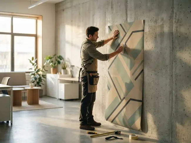 Installateur klebt großformatige selbstklebende Tapete mit geometrischem Muster auf Betonwand in modernem Büro.