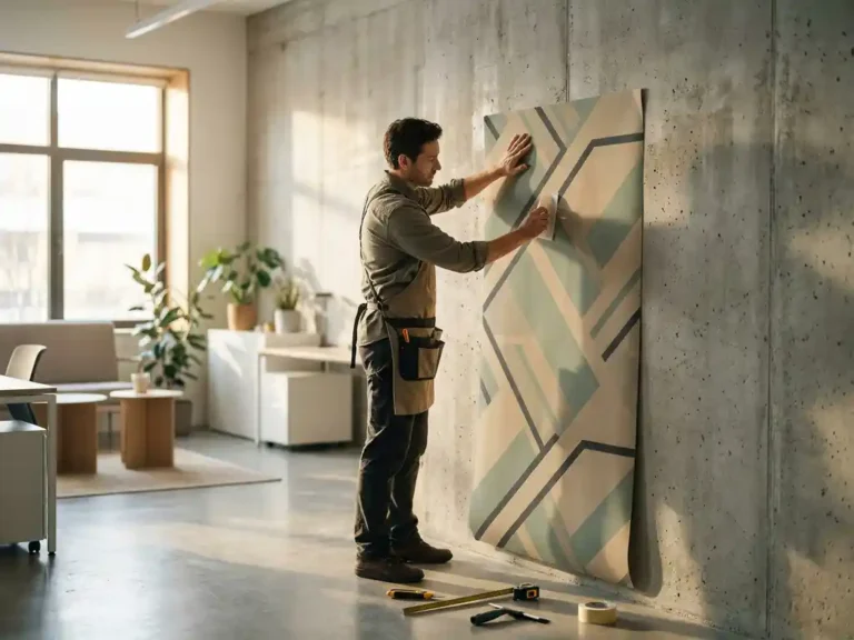 Installateur klebt großformatige selbstklebende Tapete mit geometrischem Muster auf Betonwand in modernem Büro.