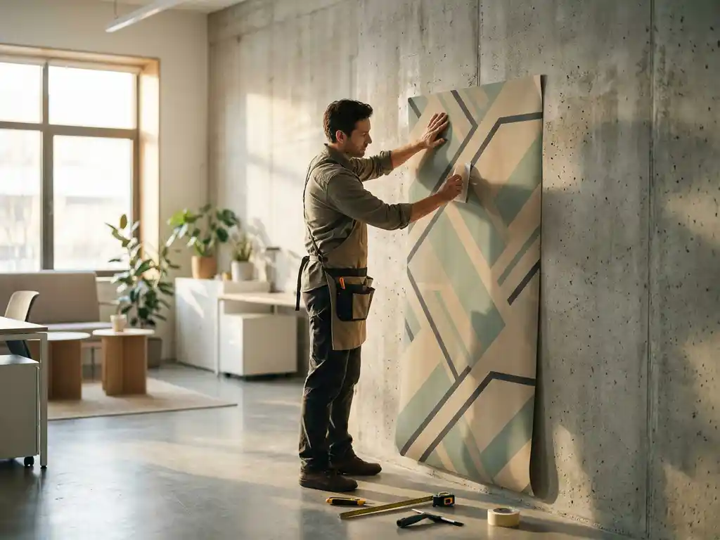 Installateur klebt großformatige selbstklebende Tapete mit geometrischem Muster auf Betonwand in modernem Büro.