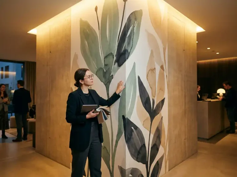 Innenarchitektin betrachtet großformatiges botanisches Wandbild aus Vlies-Tapete in modernem Hotelfoyer mit warmen Sand- und Anthrazittönen.