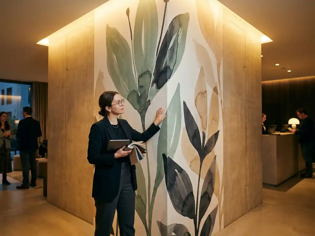 Innenarchitektin betrachtet großformatiges botanisches Wandbild aus Vlies-Tapete in modernem Hotelfoyer mit warmen Sand- und Anthrazittönen.