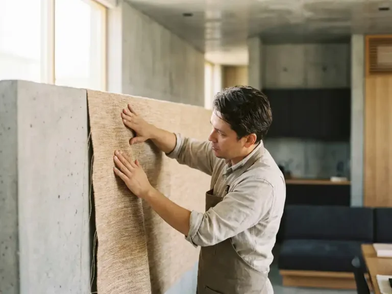 Handwerker glättet großformatige Textil-Wandverkleidung auf Betonpanel in modernem Interieur mit warmem Naturlicht.