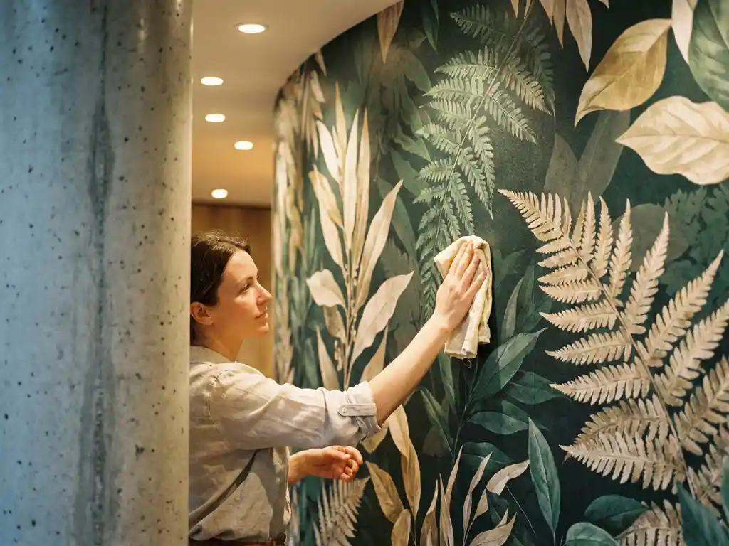 Innenarchitektin reinigt großformatige Vliestapete mit botanischem Muster in Hotellobby, champagnerfarbene und waldgrüne Töne, warmes Umgebungslicht.