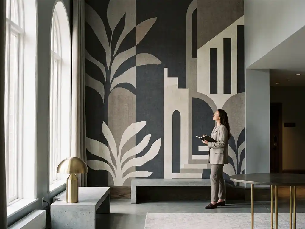 Innenarchitektin betrachtet Vliestapeten-Wandbild mit botanischem Muster in Anthrazit und Steingrau in modernem Hotellobby-Interior.