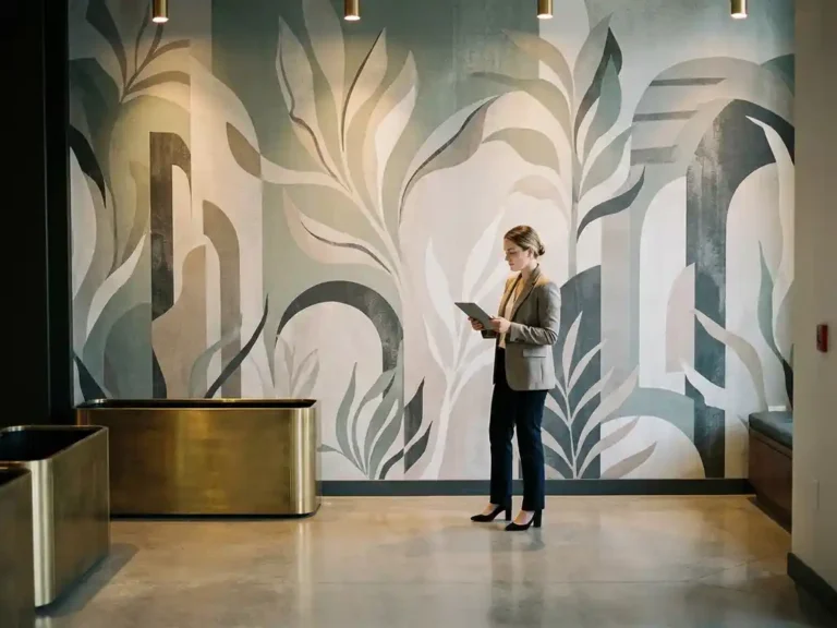 Innenarchitektin betrachtet großformatige Vliestapete mit botanischem Muster in Salbei- und Steintönen in einer Hotellobby.