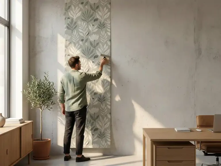 Innenarchitektin glättet mattes Tapetenpanel mit botanischem Muster an Betonwand in modernem Minimalbüro, Salbeigrün und Warmweiß.