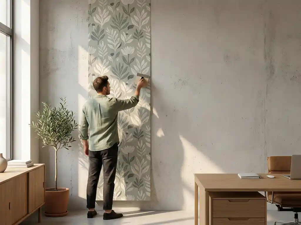 Innenarchitektin glättet mattes Tapetenpanel mit botanischem Muster an Betonwand in modernem Minimalbüro, Salbeigrün und Warmweiß.