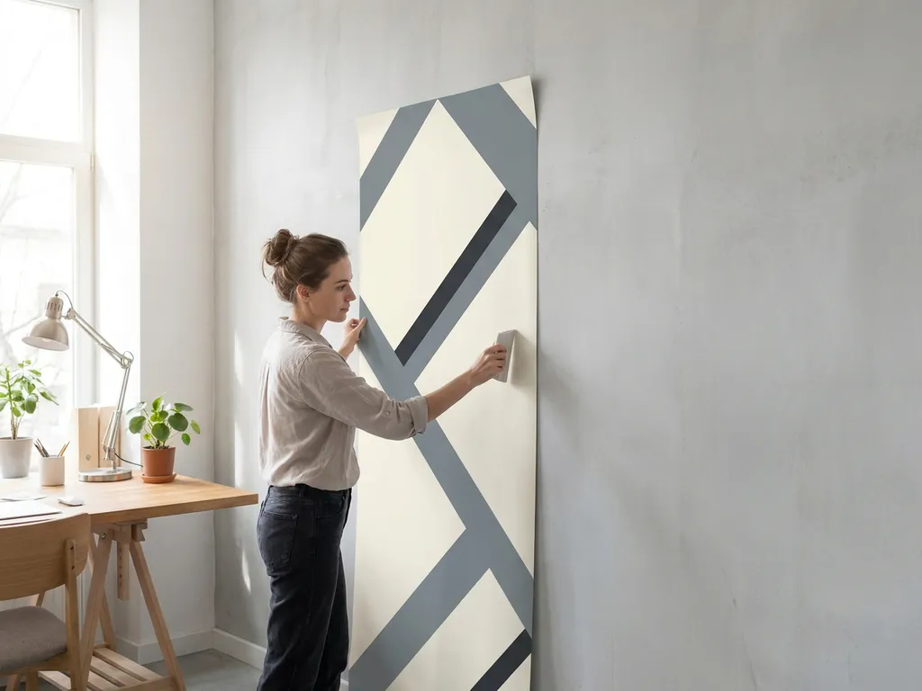 Innenarchitektin klebt selbstklebende Tapete mit geometrischem Muster an Betonwand in modernem Minimalismus-Büro.