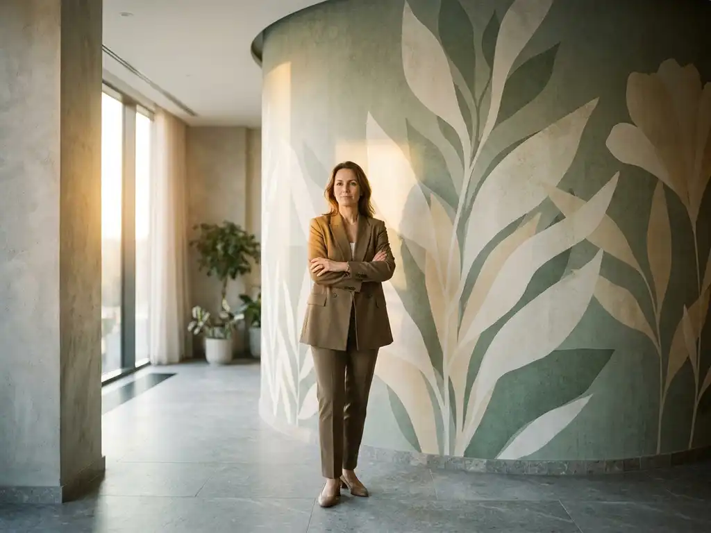 Innenarchitektin vor großformatiger Vliestapete mit botanischem Mural in Salbeigrün und Elfenbein in minimalistischer Hotellobby.