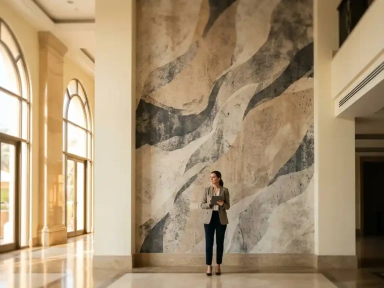 Innenarchitektin vor einer raumhohen Vliestapete mit abstraktem Betonmuster in einem Luxushotel-Lobby.