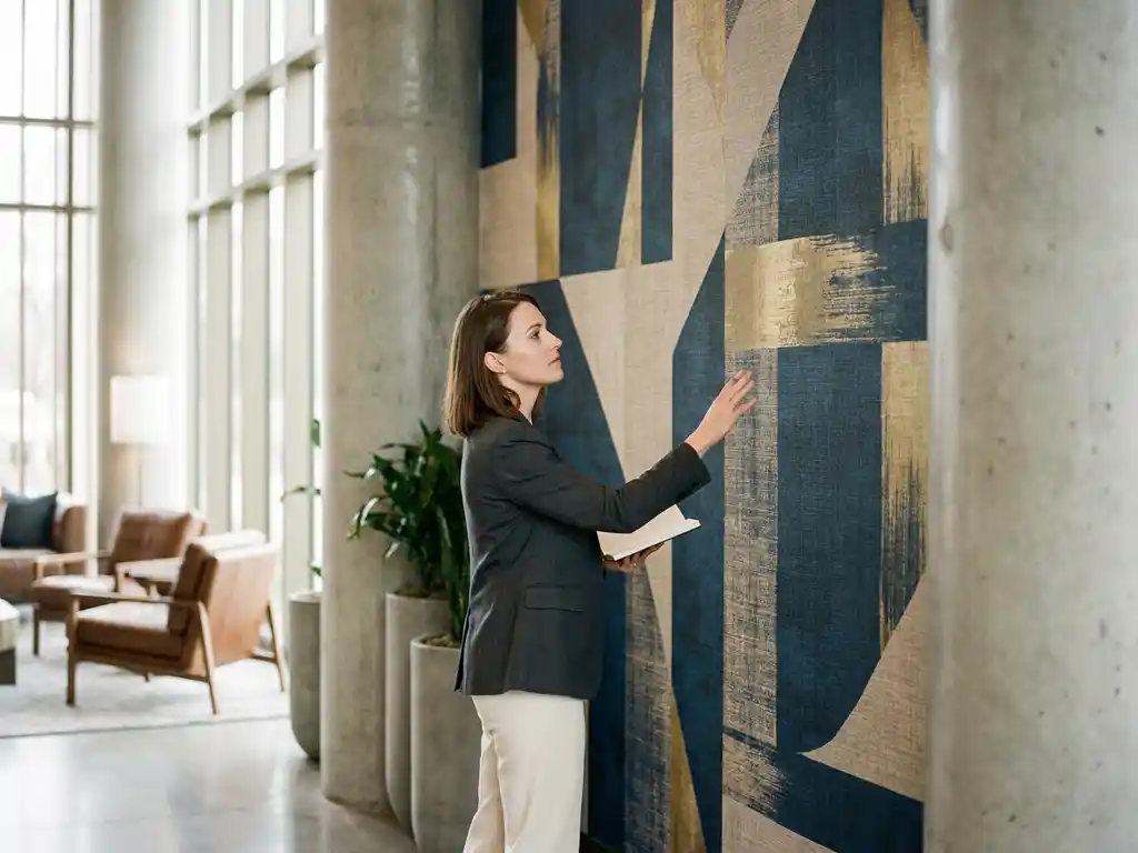 Innenarchitektin betrachtet Vliestapete mit abstraktem Architekturmotiv in Schiefer, Sand und Gold in einem Luxushotel-Lobby.