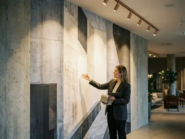 Innenarchitektin vor großformatigem Vlies-Wandbild mit abstraktem Architekturmotiv in Stein- und Anthrazittönen in einem Hotelfoyer.